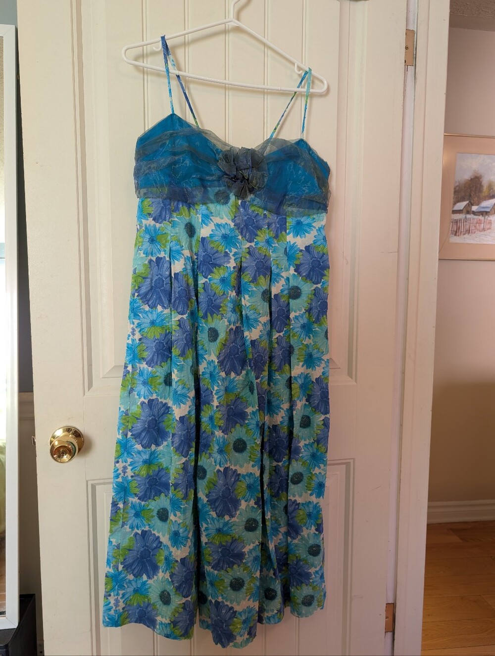 Blue Floral Spaghetti-Strap Maxi Dress with Flower Accent